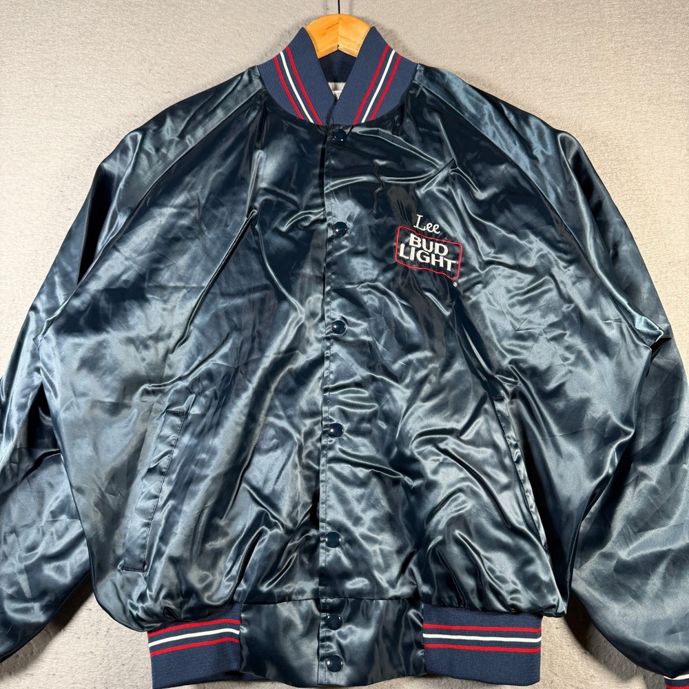 Vintage Lee Bud Light Bomber Jacket Satin Blue Mens XL Snap Button Official 90's